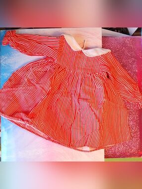 Pier One Imports BABY DOLL DRESS Red w/White Stripes Collar Fits 13 Inch Doll